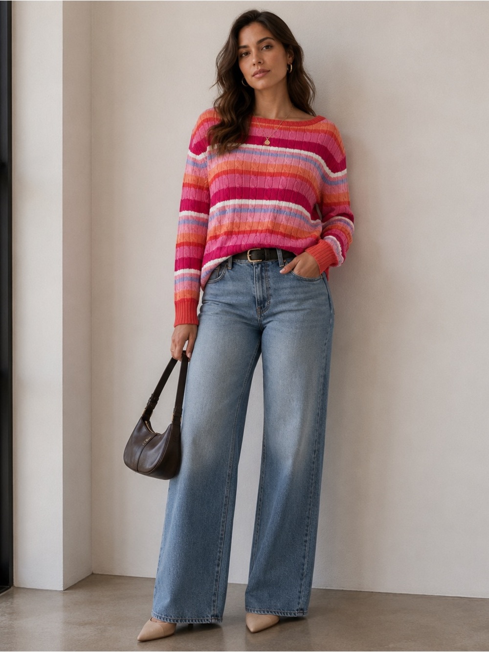 Vintage Lauren Ralph Lauren NWT Cable Knit Stripe Cotton Sweater 2X Boat Neck